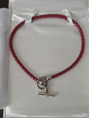 SLANE Red Braided Leather Necklace Sterling Silver Toggle w/ 9 .25 Ctw Diamonds